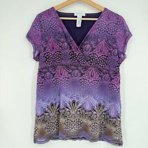 Liz Wear Y2K Purple Floral Paisley Babydoll‎ Stretch Blouse Top XL Whimsigoth